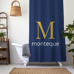 Deep Navy Gold Monogram Personalised Name Luxury  Shower Curtain