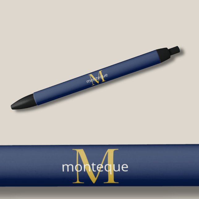 Deep Navy Gold Monogram Personalized Name Luxury  Black Ink Pen (Creator Uploaded)