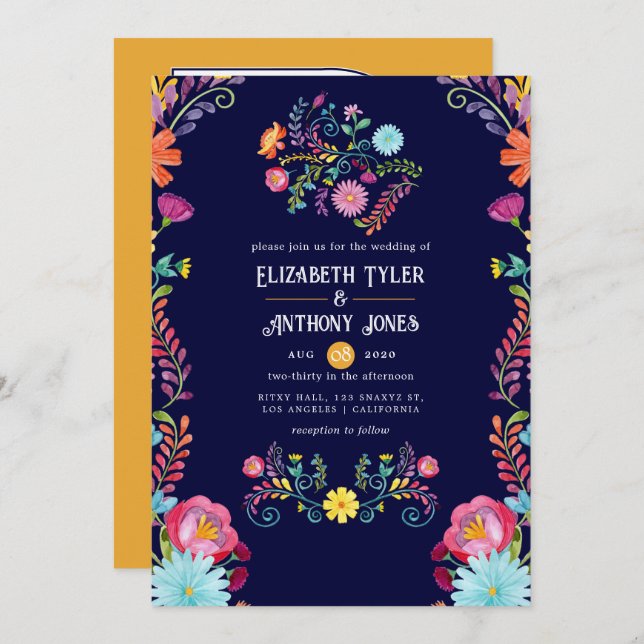 Deep Navy & Marigold Floral Mexican Fiesta Wedding Invitation (Front/Back)