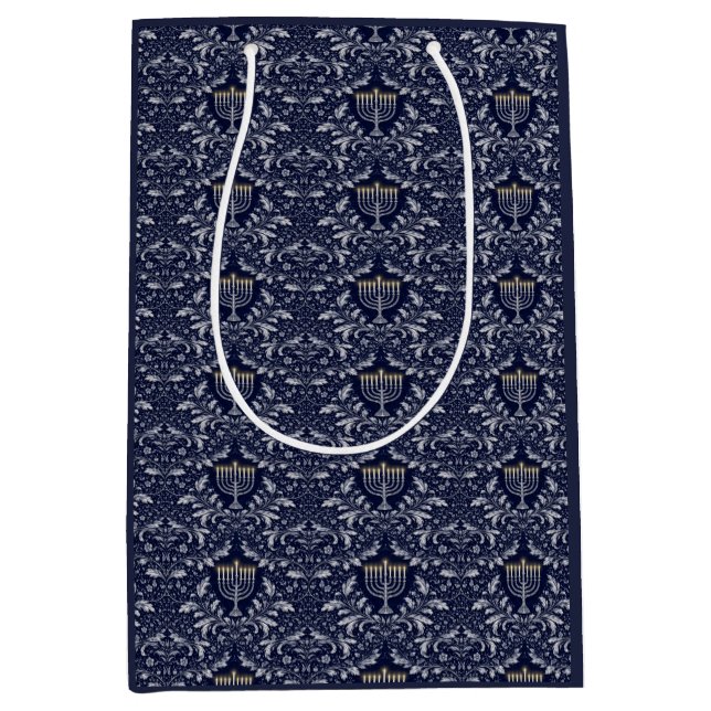 Deep Navy Menorah William Morris Pattern Medium Gift Bag (Front)