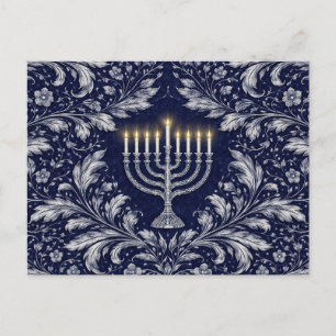 Deep Navy Menorah William Morris Pattern Postcard