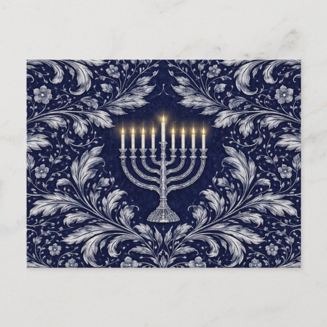 Deep Navy Menorah William Morris Pattern Postcard (Front)