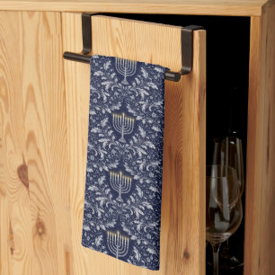Deep Navy Menorah William Morris Pattern Tea Towel
