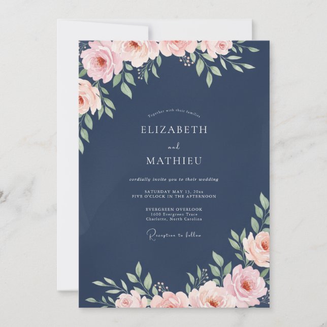 Deep Navy Peach Watercolor Wedding Invitation (Front)
