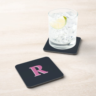 Deep navy pink monogrammed coaster