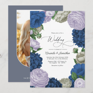Deep Navy, Soft Lilac & Cloud Grey Floral Wedding Invitation