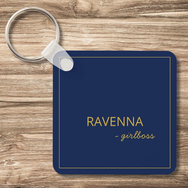 Deep Navy Subtle Gold Frame Luxury Girlboss Name Key Ring (Creator Uploaded)