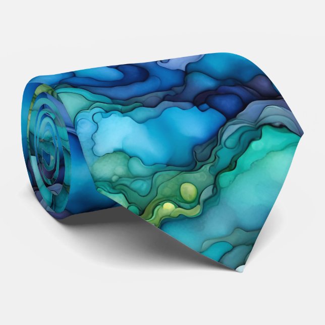 Deep Ocean Abstract Design in Teal and Blue Fluid  Tie (Rolled)