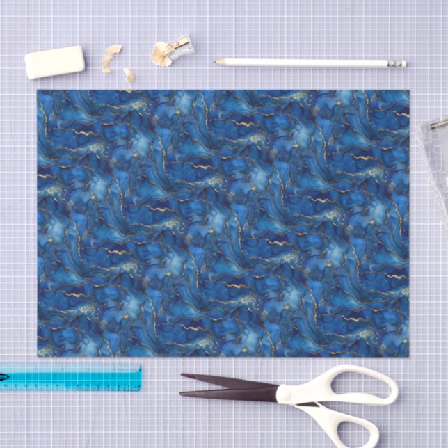 Deep Ocean Blue & Gold Watercolor Swirl Decoupage  Tissue Paper (Craft)