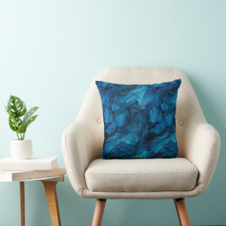 Deep Ocean Blue Teal Watercolor Marble Cushion