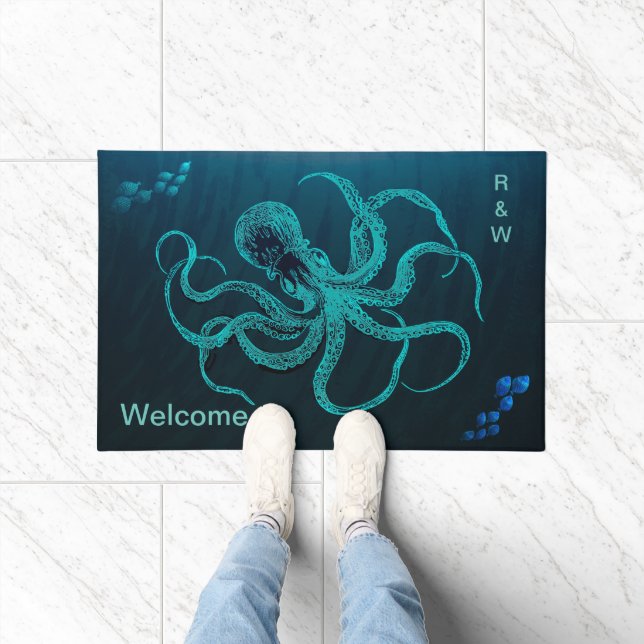 Deep Ocean Blue with Octopus & 2 Schools of Fish Doormat (Indoor)