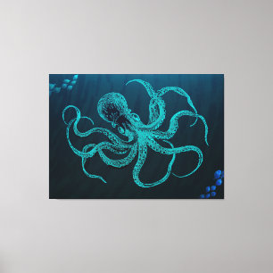 Deep Ocean Blue with Octopus & Fish Canvas Print