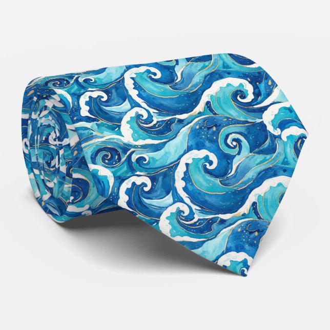 Deep Ocean Sapphire Blue Watercolor Waves Pattern Tie (Rolled)