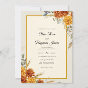 Deep Ochre Chrysanthemum Eucalyptus Wedding Invitation