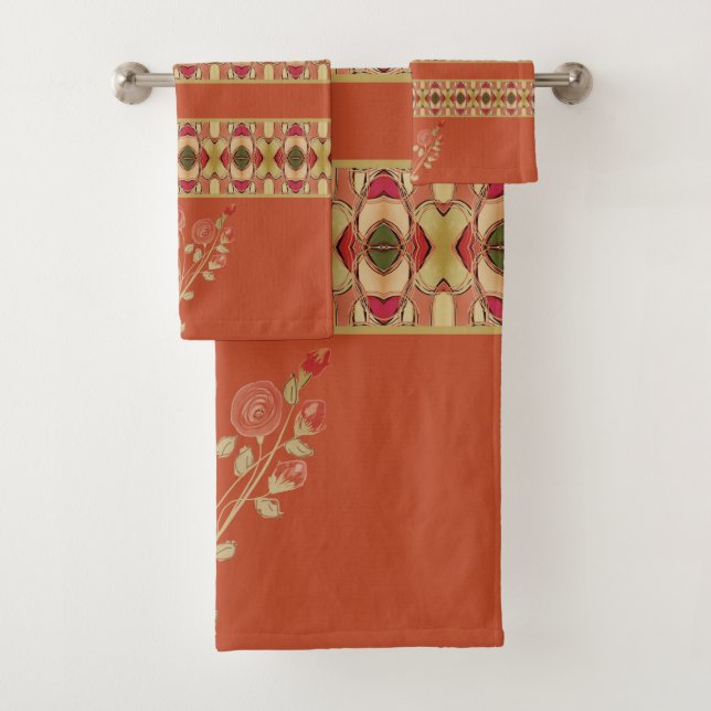 Deep orange With floral Bath Towel Set (Insitu)