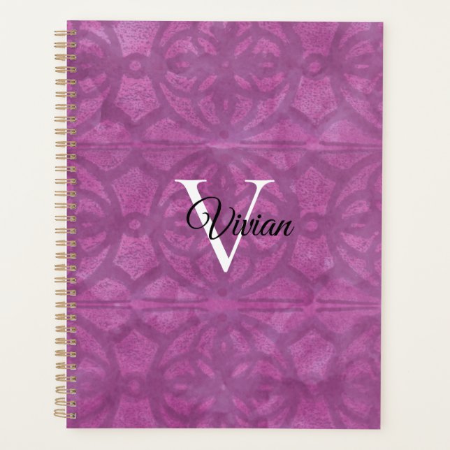 Deep Orchid Purple Batik Elegant Monogram Name Planner (Front)