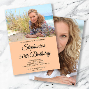 Deep Peach and White Elegant Script 50th Birthday Invitation