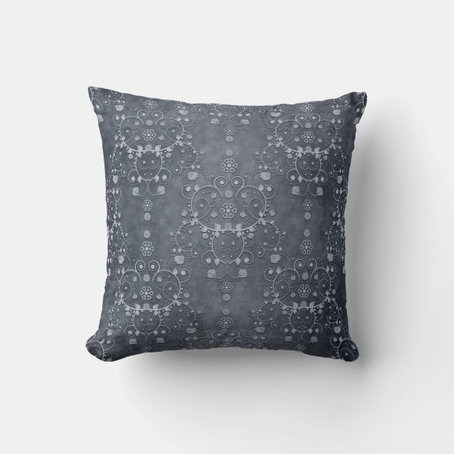 Deep Pewter Silvery Grey Floral Damask Pattern Cushion (Front)