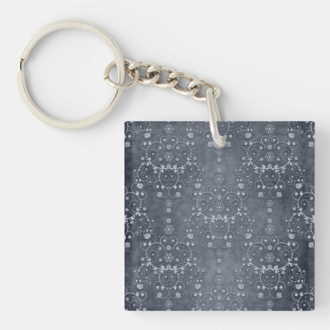 Deep Pewter Silvery Grey Floral Damask Pattern Key Ring (Front)