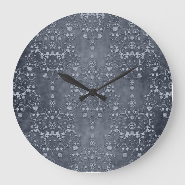 Deep Pewter Silvery Grey Floral Damask Pattern Large Clock (Front)