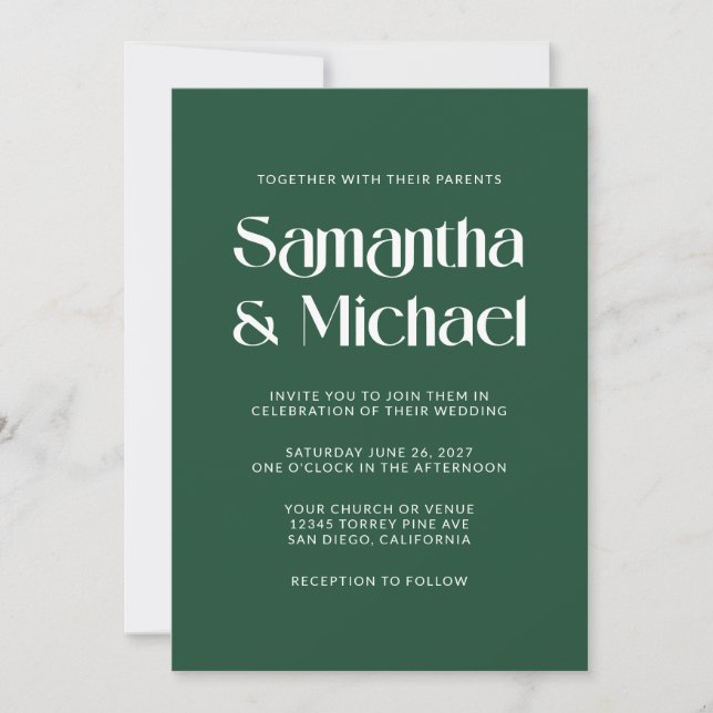 Deep Pine and White Decorative Names Wedding Invitation (Front)