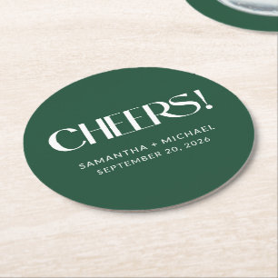 Deep Pine Decorative Serif Wedding Cheers Round Paper Coaster