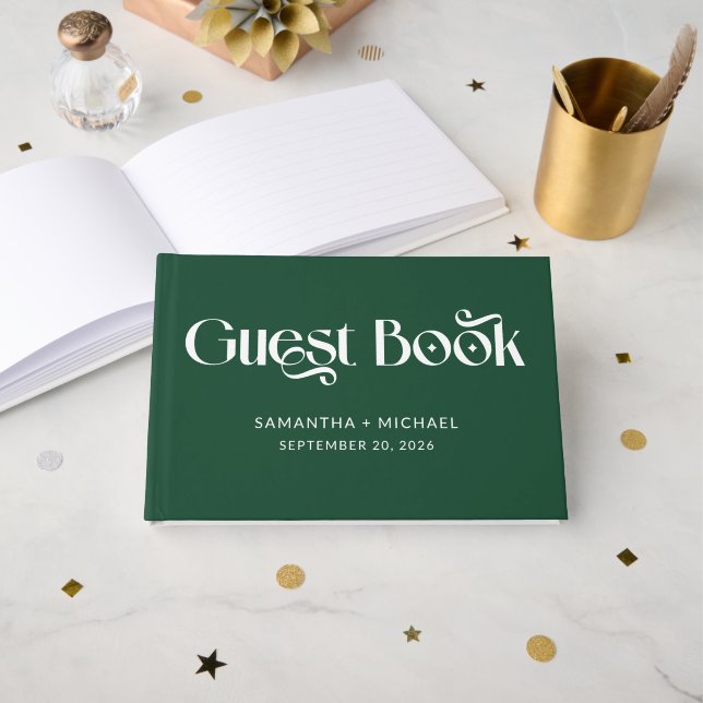 Deep Pine Decorative Serif Wedding Guest Book (Front Open)