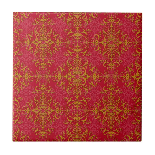 Deep Pink and Gold Elegant Damask Style Pattern Tile (Front)