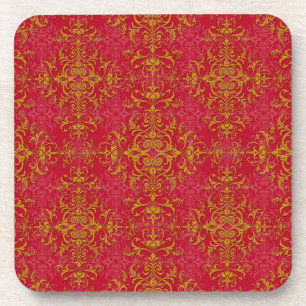 Deep Pink and Gold Fancy Damask Style Pattern Coaster