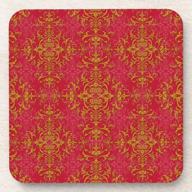 Deep Pink and Gold Fancy Damask Style Pattern Coaster (Front)