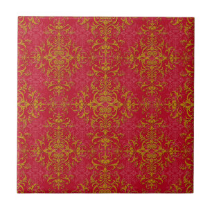 Deep Pink and Gold Fancy Damask Style Pattern Tile