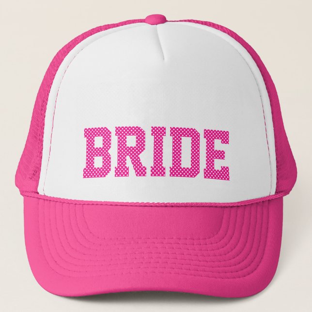 Deep Pink and White Polka Dots Bride Trucker Hat (Front)