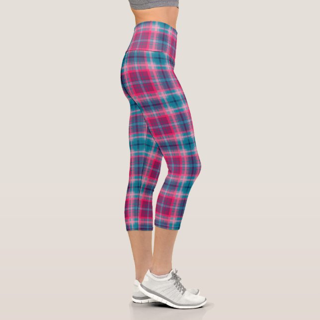 Deep Pink Blue Tartan Plaid Gingham Pattern  Capri Leggings (Right)