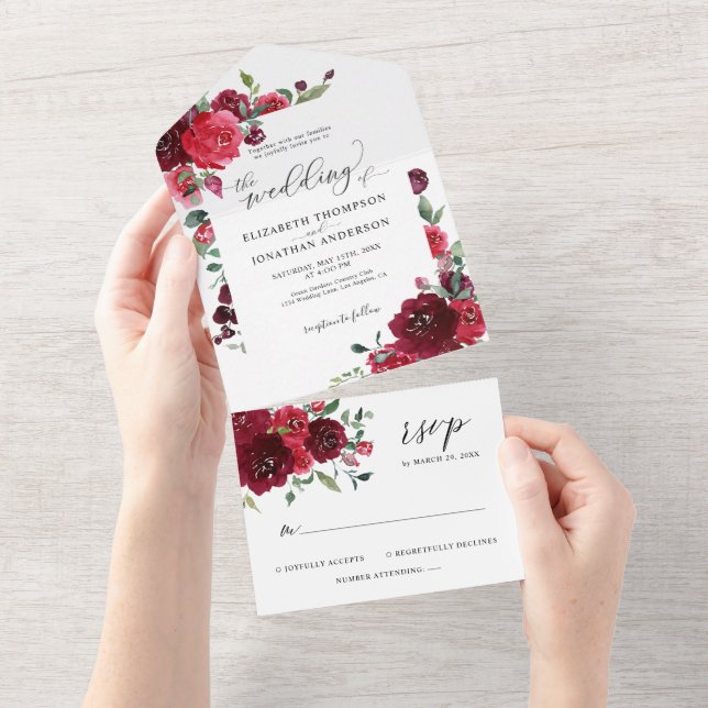 Deep Pink Burgundy Wine Red Wedding Details RSVP All In One Invitation (Tearaway)