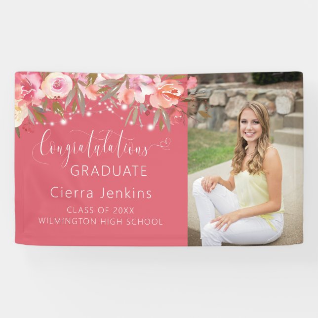 Deep Pink Floral String Light Graduation Banner (Horizontal)
