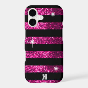Deep Pink Glitter & Black Stripes   Monogram