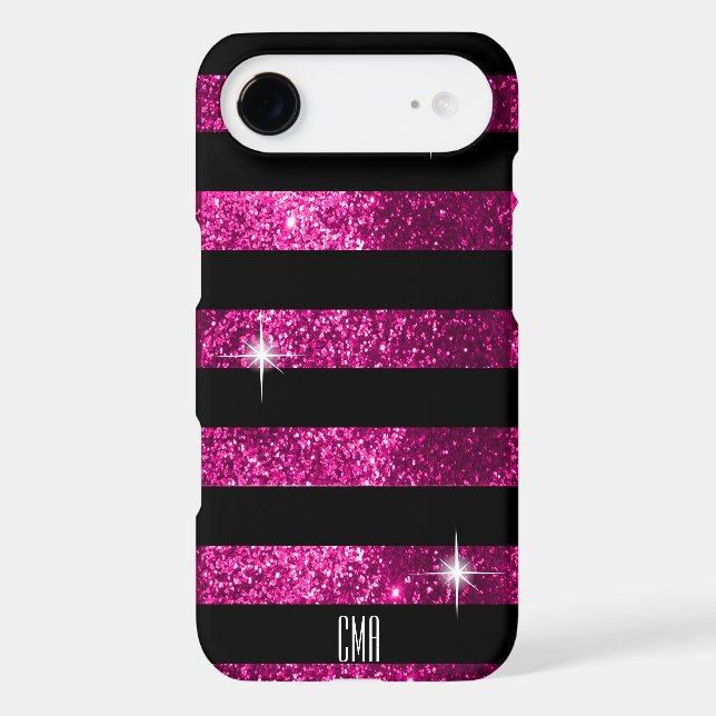 Deep Pink Glitter & Black Stripes | Monogram Case-Mate iPhone Case (Back)
