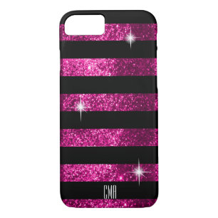 Deep Pink Glitter & Black Stripes   Monogram Case-Mate iPhone Case