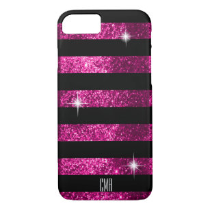 Deep Pink Glitter & Black Stripes   Monogram Case-Mate iPhone Case