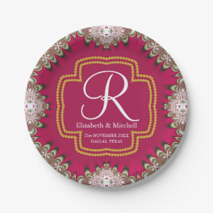 Deep Pink Gold Lacy Monogram Vibrant Energy Paper Plate