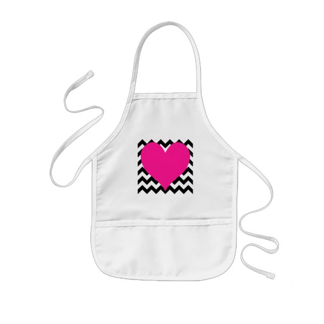 Deep Pink Heart on Black and White Zigzag Kids Apron (Front)