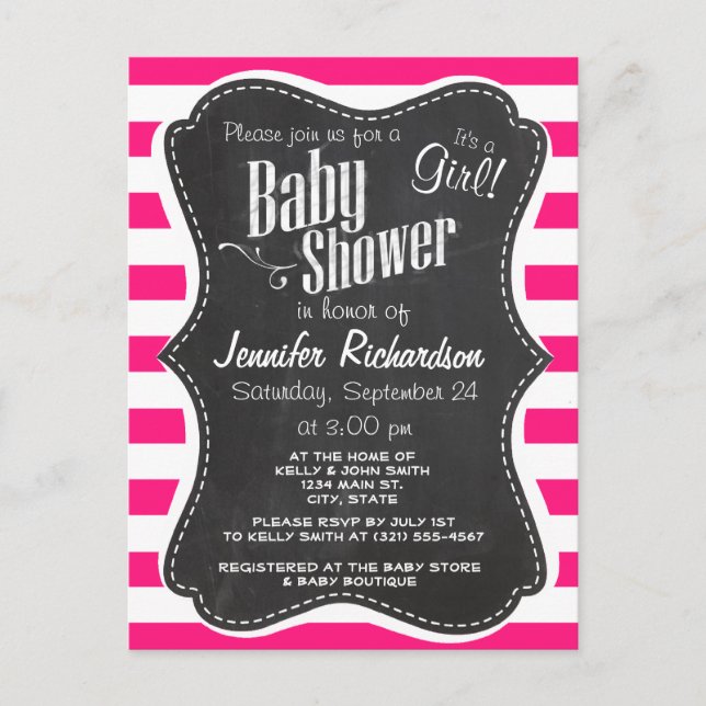 Deep Pink Horizontal Stripes; Chalkboard look Invitation Postcard (Front)