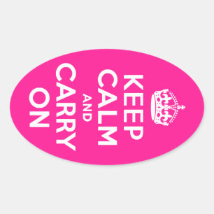 Deep Pink Keep Calm and Carry On Oval Sticker