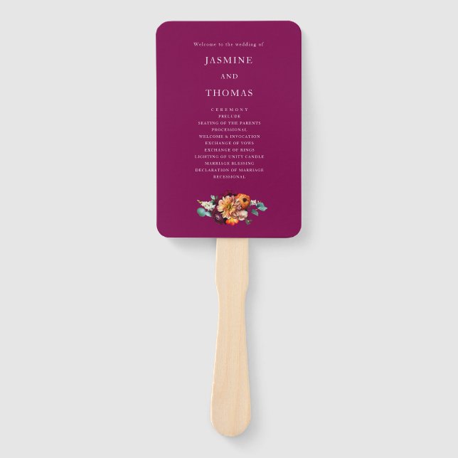 deep pink orange  Floral Wedding Ceremony Fan (Front)