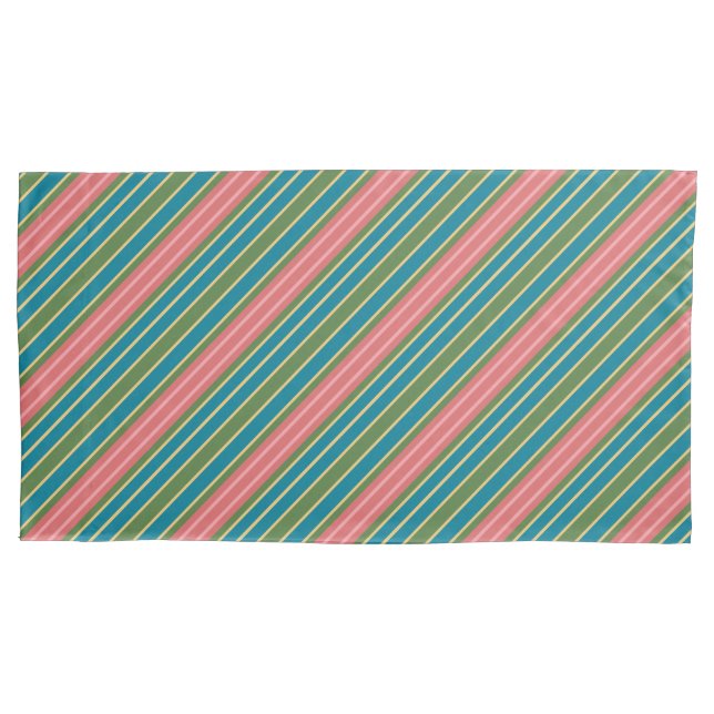 Deep Pink Pale Pink Blue Green Gold-effect Stripes Pillowcase (Front-Left)