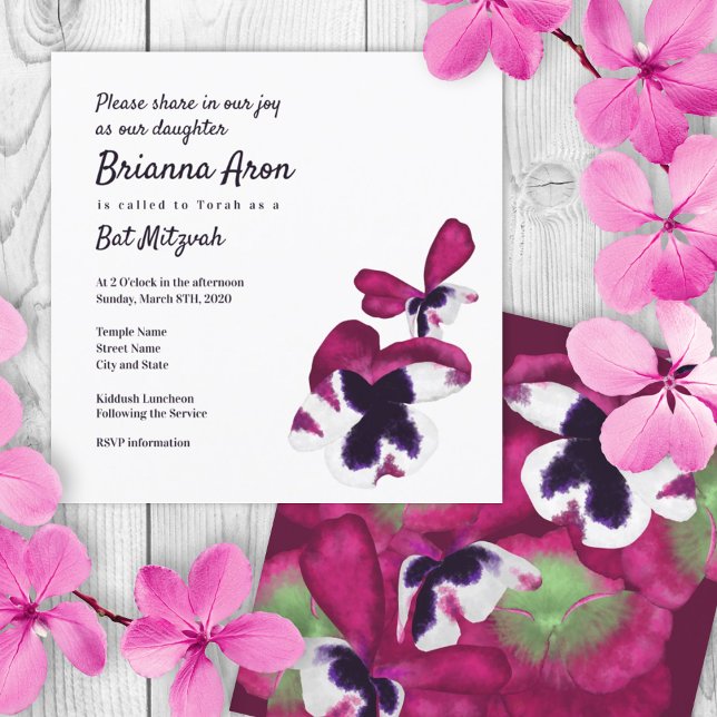 Deep Pink Pansies Bat Mitzvah Invitation (pink purple flower petals pansy bat mitzvah invitation, berry violet summer colors, 12 12th twelve)