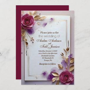 Deep pink roses gold leaf gold frame wedding invitation
