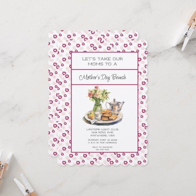 Deep Pink Spring Floral Mother's Day Brunch Invitation (Front/Back In Situ)
