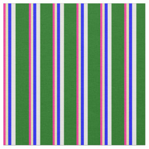 Deep Pink, Tan, Blue, White & Dark Green Lines Fabric
