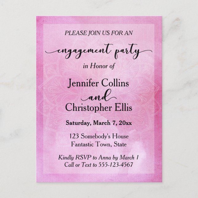 Deep Pink Watercolor Mandala Engagement Party Invitation Postcard (Front)